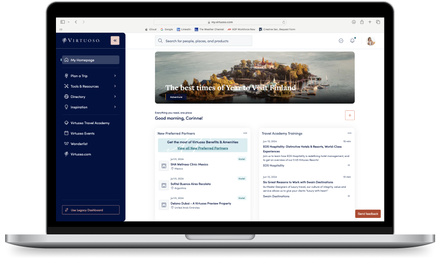 An image of the redesigned Virtuoso homepage on a laptop.