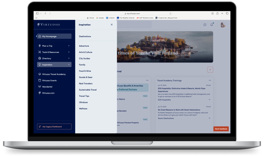 An image of the redesigned Virtuoso homepage on a laptop with options displayed.