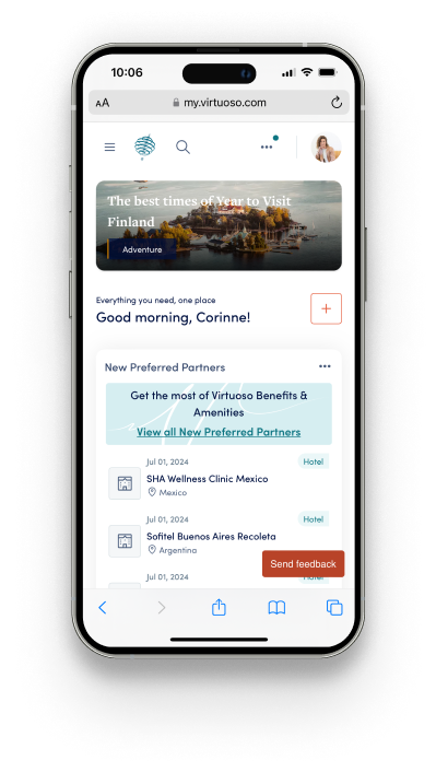 An image of the redesigned Virtuoso homepage on a mobile phone.